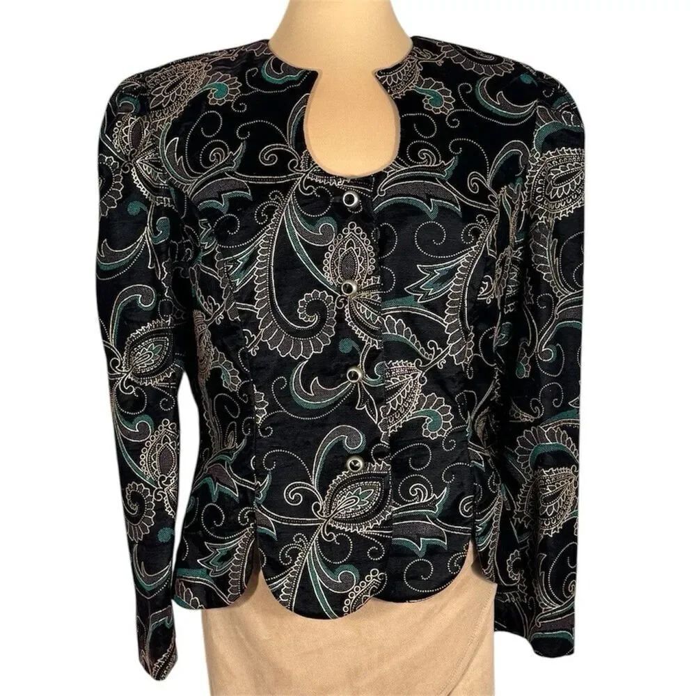 Vintage Sz 14 Velvet Paisley Jacket Black Button Front Scalloped Hem BEAUTIFUL